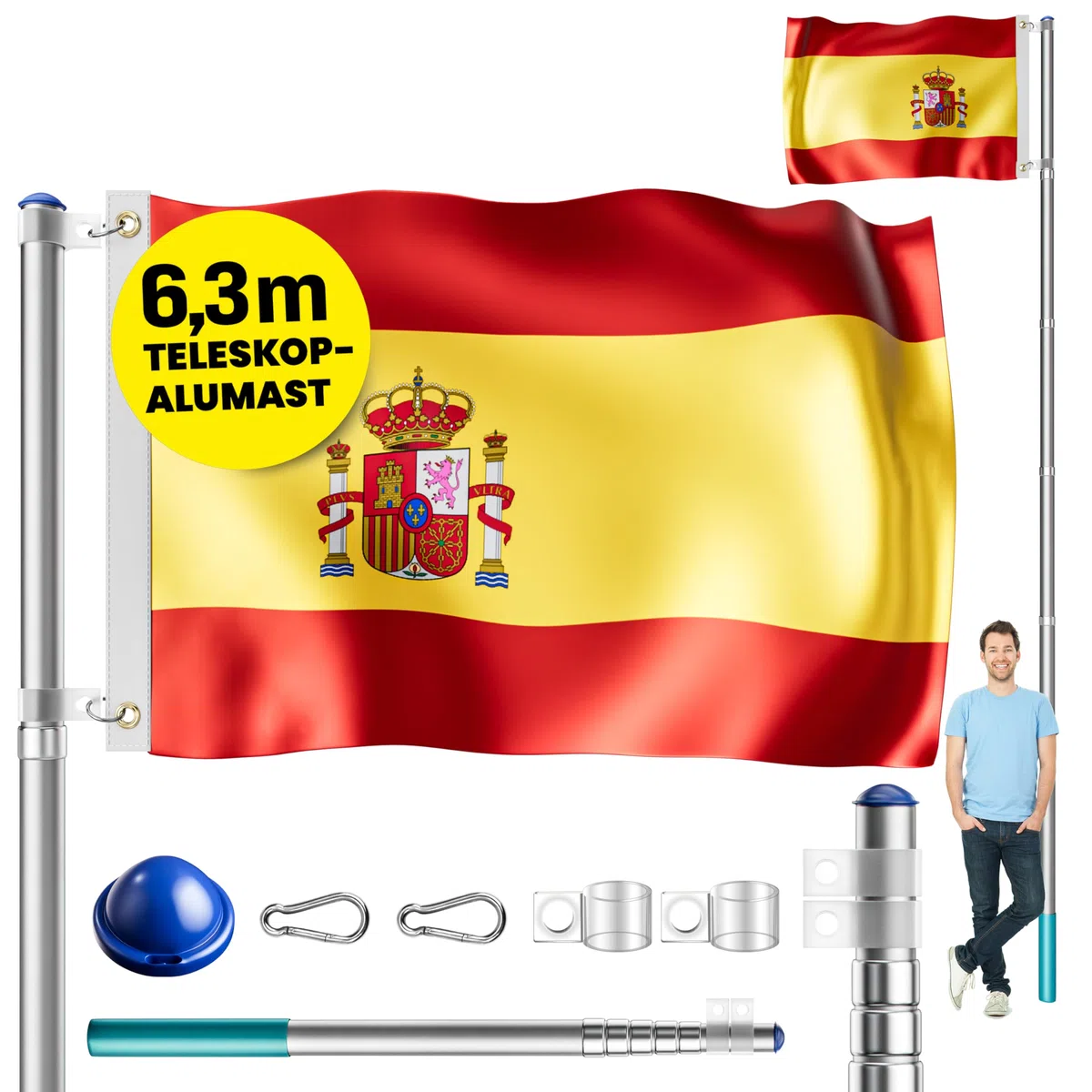 MONZANA® Asta Bandera Aluminio 6,30m Telescopica incl. Anclaje Suelo 60cm Bandera España Española