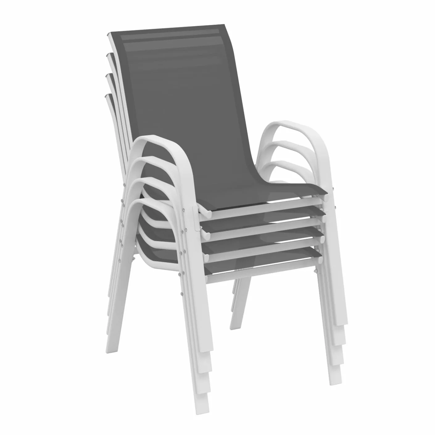 IDMarket - Juego de 4 sillas de jardín LYMA de metal y textileno apilables blanco y gris