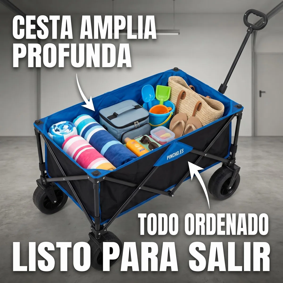 Carro Playa Plegable - PINCHO - Carrito De Playa Plegable, Carro Transporte Plegable con Asa Telescópica, Carretilla Plegable con Ruedas y Frenos - 4 Ruedas, Carga 55 kg, Plegado Compacto, Bolsillo