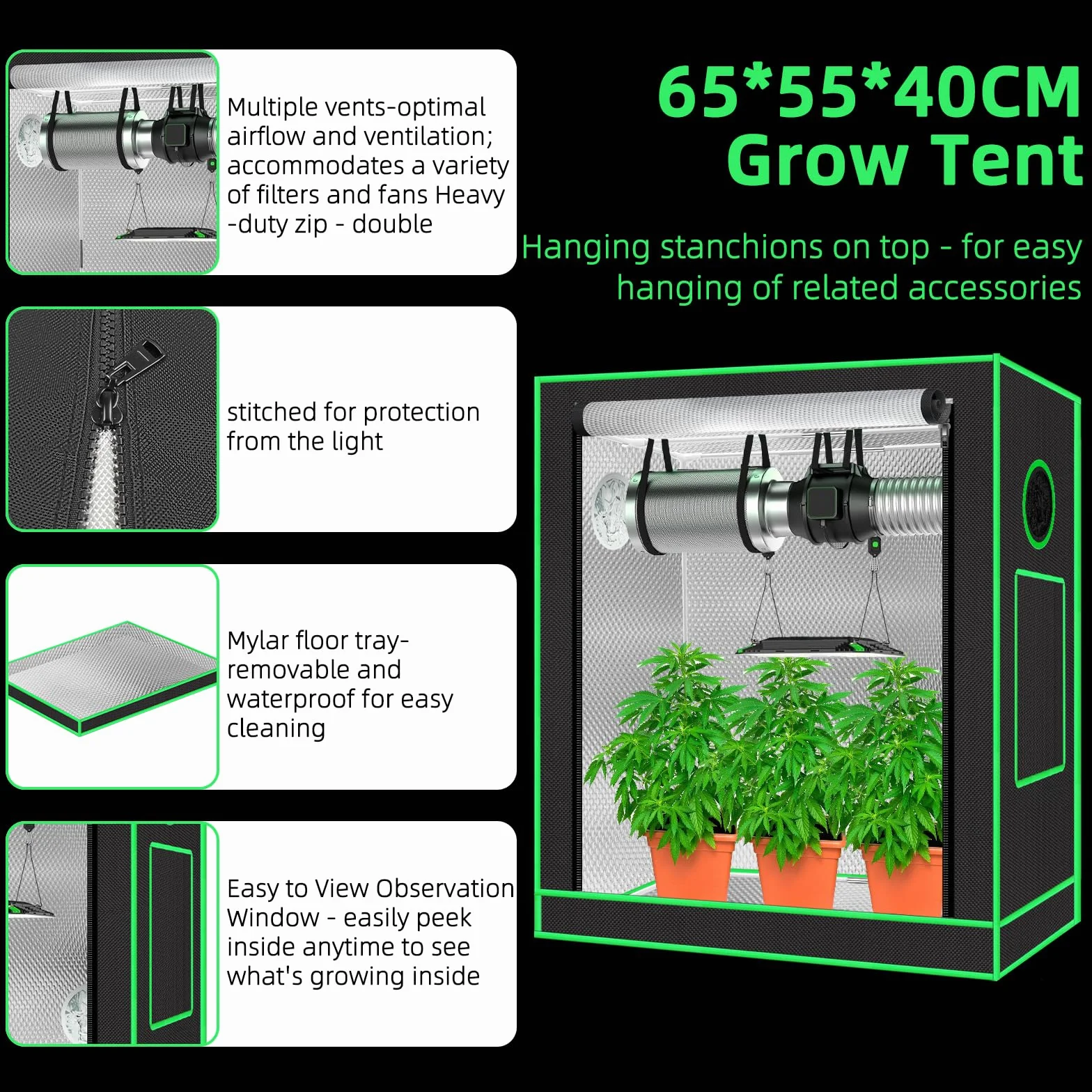 55 x 40 x 65 cm Grow Tent con ventana de observación, bandeja de suelo, ventana de ventilación y paso de cable (negro, poliéster)