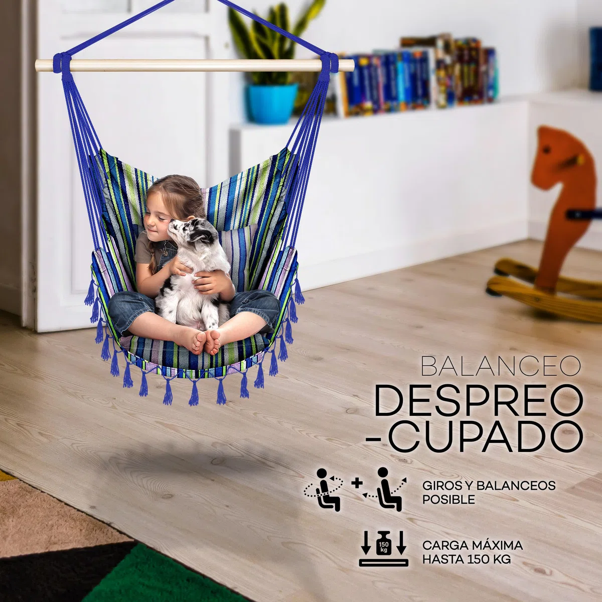 tillvex Silla Colgante hasta 150 kg | Columpio para Colgar en Exterior e Interior | Hamaca con Cuerda, Cojines y Flecos | Kit de Suspensión para Jardín, Terraza, Balcón (Multicolor (con 2 Cojines))