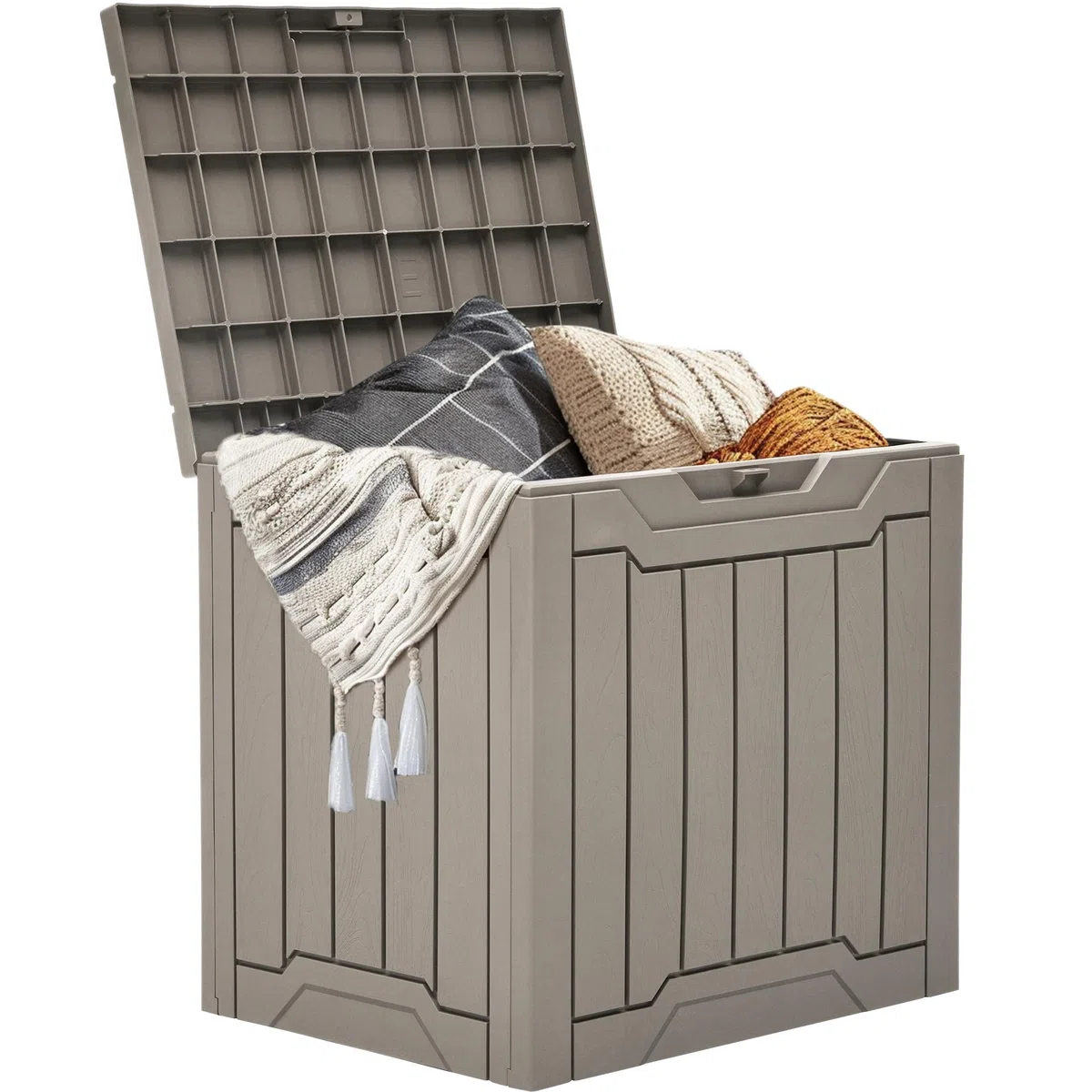 YITAHOME Caja de almacenamiento de resina para exteriores, 31 galones, resistente al agua, caja de almacenamiento para exteriores, para almohadas, equipo de jardín, con cerradura segura, marrón claro