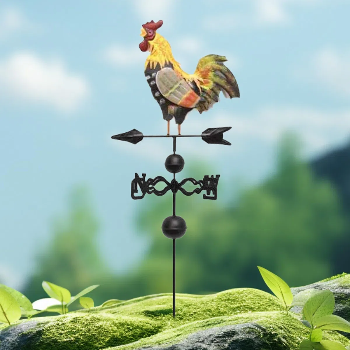 Veleta colorida de gallo de metal con indicador de viento, forma de gallo, 120 x 30 cm