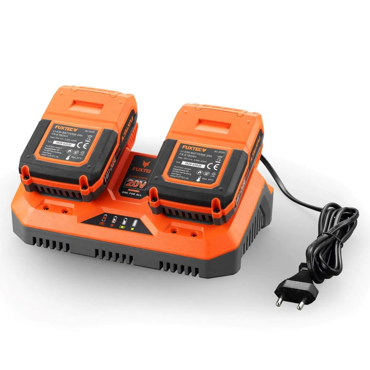 FUXTEC Cargador doble rápido de ion de litio, 2,4 A, 70 W, E1LG2A, para batería de 2 Ah y 4 Ah, apto para todas las herramientas de jardín Fuxtec de 20 V, tensión de carga de 20,9 V