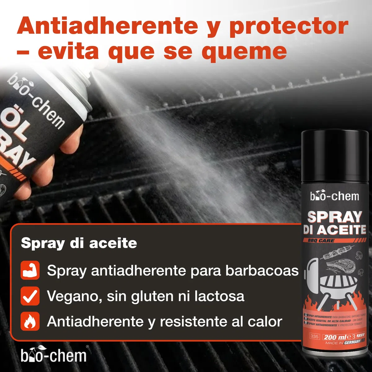 Bio-Chem - Decapante resina quemaduras 500ml - Limpiador superficies barbacoas 750ml - spray pulverizador de aceite 100ml apto para AirFryer - Con cepillo y esponja - Profi Set 5 productos | Con desengrasante, eliminador de resina de humo, spray de aceite