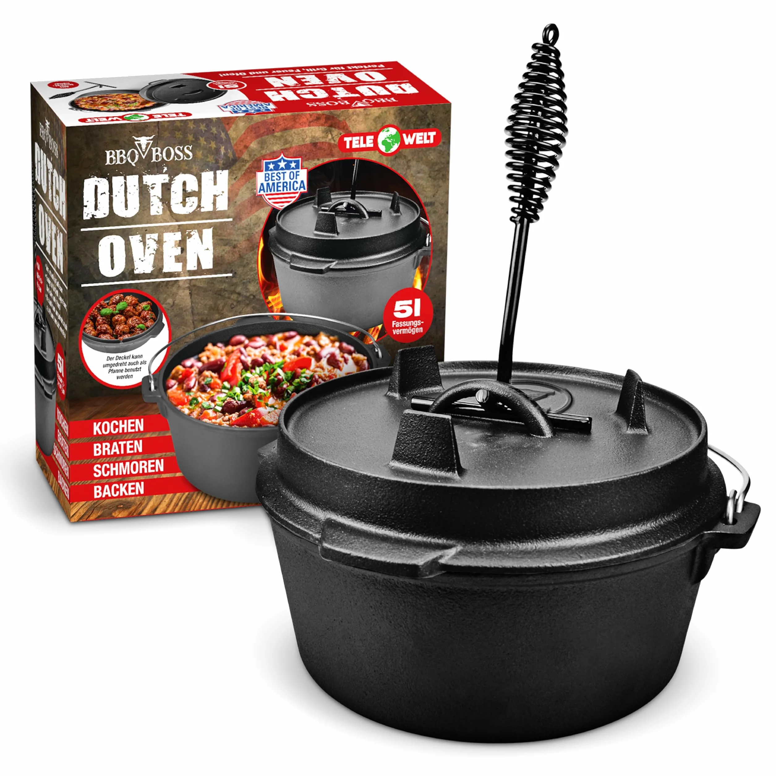 BBQ Boss - Horno holandés (5 L de capacidad), hierro fundido, olla de hierro fundido, cast iron
