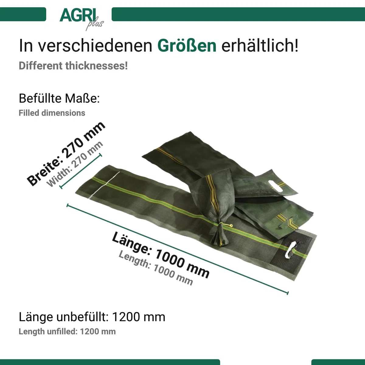 20 bolsas de arena de silo 270 x 1000/1200 mm – con asa/agujero de agarre incluye cierre de alambre – para silo y protección contra inundaciones