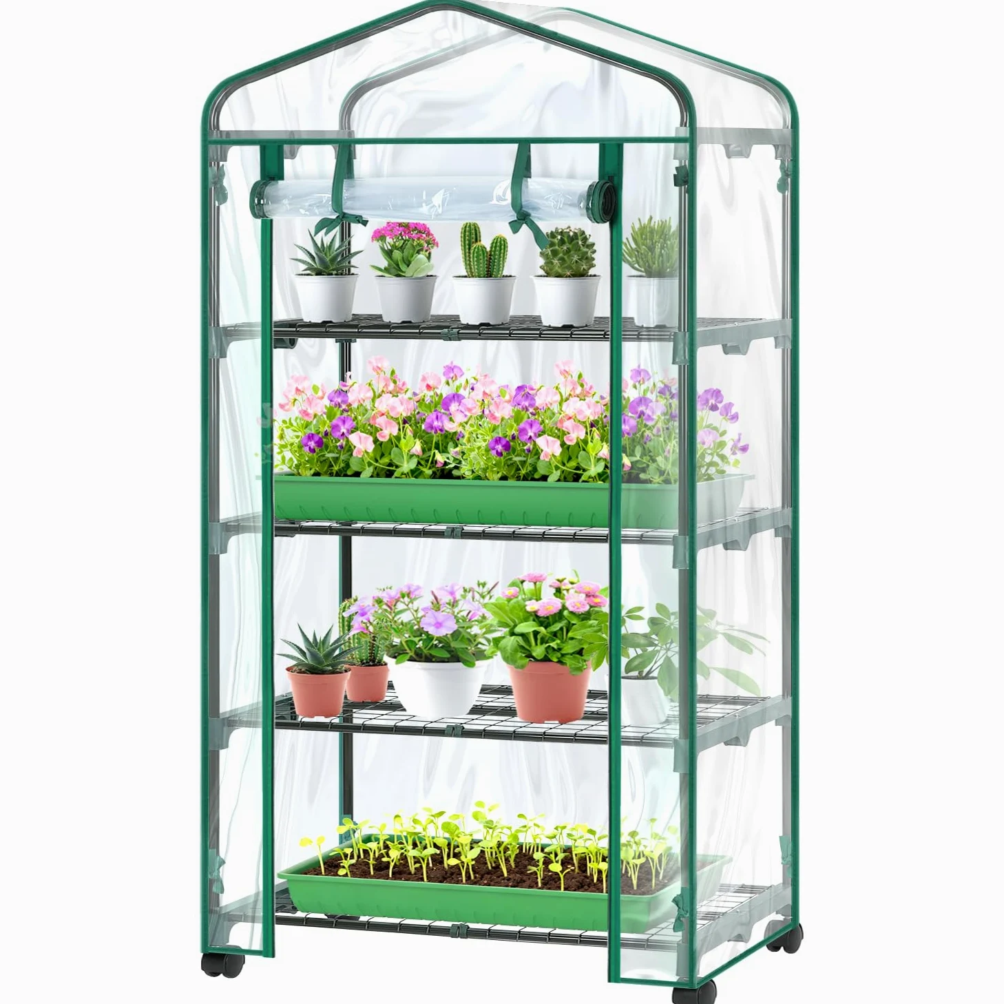 Ohuhu Invernadero pequeño Ruedas de Bloqueo, Invernadero con 4 estantes, para balcón, jardín, 69 x 48 x 162 cm, Transparente