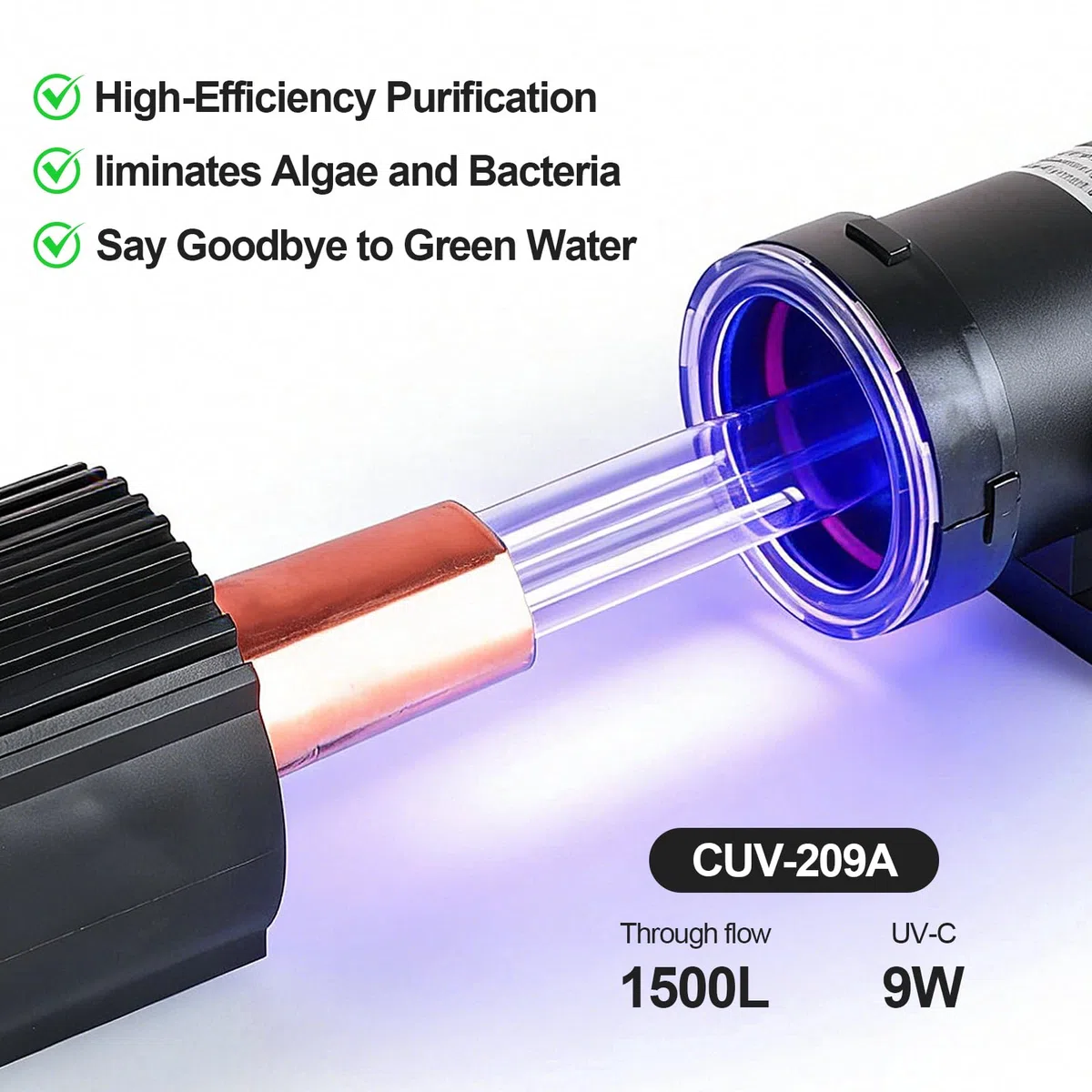 CPROSP Clarificador UV Estanque 1500l/h | Esterilizador UV-C 9W | Adaptadores 19-38mm | Cable 3m | IP44