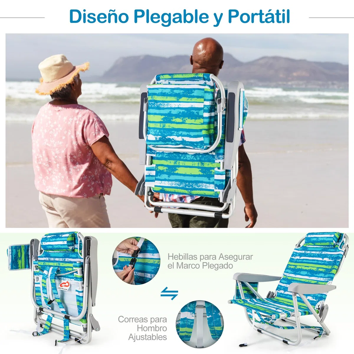 COSTWAY Silla Plegable de Playa, Tumbona con 5 Posiciones, Portavasos, Bolsillos de Almacenamiento, Correas de Hombro, Soporte para Toallas, Almohada, 150kg (Verde+Azul,1)