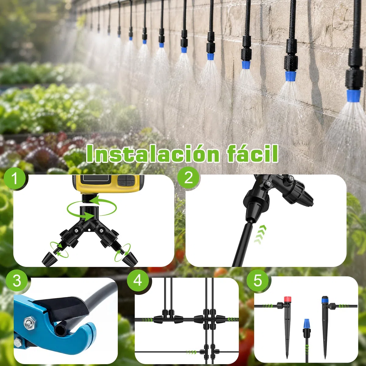 Kit Riego por Goteo con Programador Riego, 25M+25M Sistema de Riego por Goteo Accesorios Riego Goteo con Ajustable Boquilla Aspersor Pulverizador y Gotero Riego Automático para Jardín