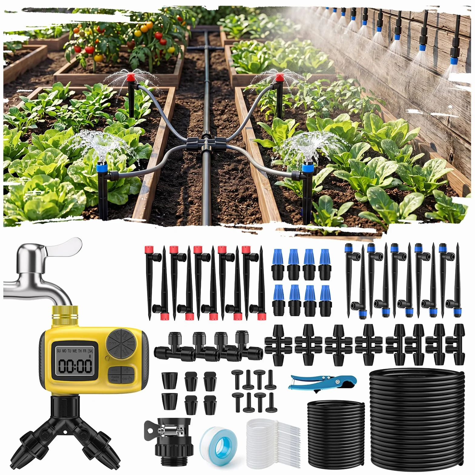 Kit Riego por Goteo con Programador Riego, 25M+25M Sistema de Riego por Goteo Accesorios Riego Goteo con Ajustable Boquilla Aspersor Pulverizador y Gotero Riego Automático para Jardín