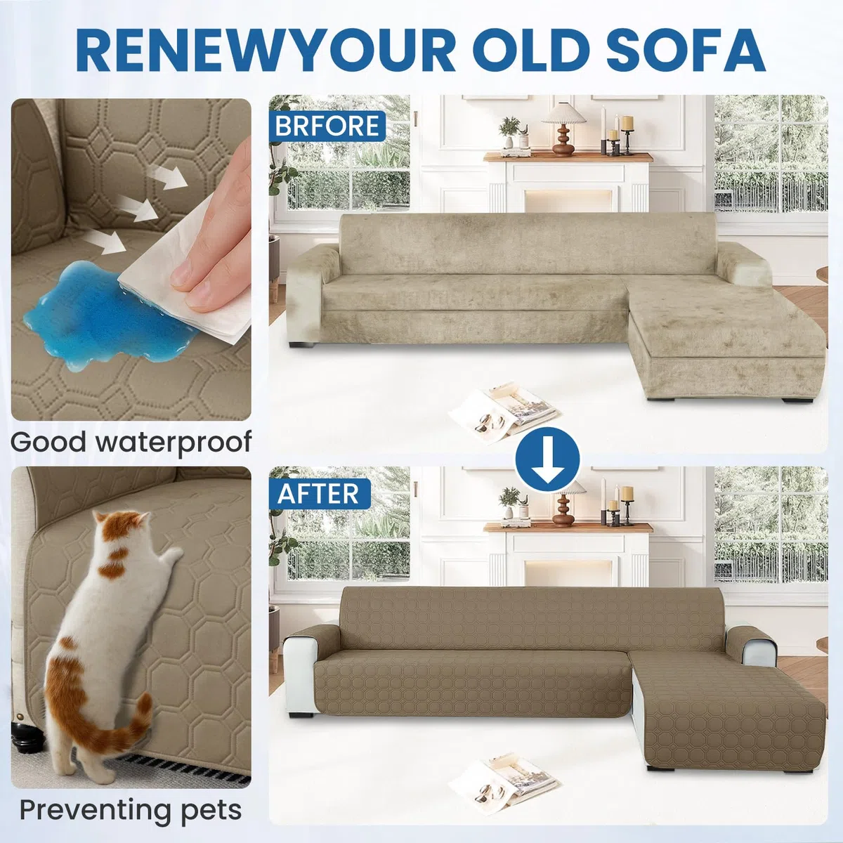 Ystyle Fundas para Sofa Chaise Longue 3 Plazas Impermeable, Fundas Sofa Chaise Longue Izquierda/Derecha Universal Reversible, Protector de Muebles Antideslizante y Antimanchas, Café Claro