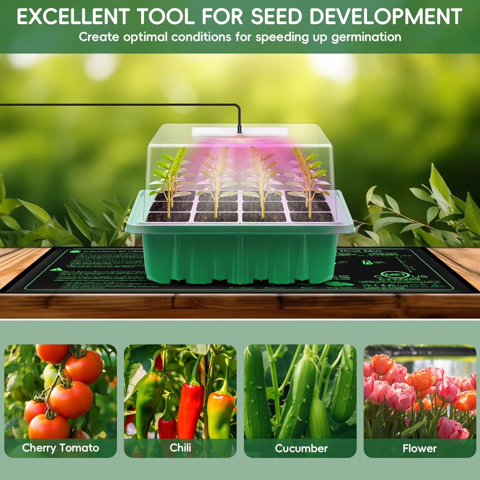 Verdenu Bandeja Semillero con Luces de Crecimiento y Almohadilla Térmica, Mini Invernadero Germinador de Semillas con Cúpula de Humedad, Semilleros de Germinacion Reutilizable para Plantas de Interior