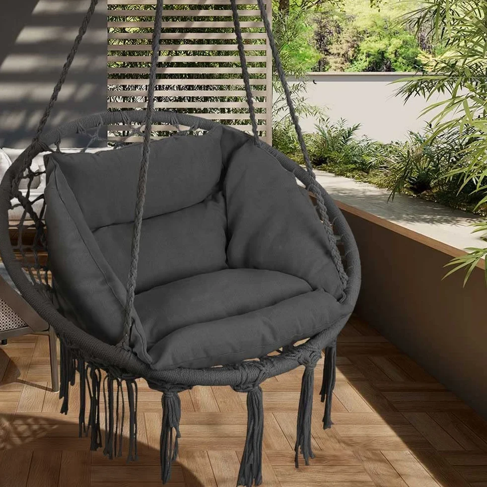 Bakaji Sillón Colgante de Exterior jardín de Cuerda de algodón, Silla Mecedora Colgante Hamaca terraza Camping con Estructura Circular de Acero Asiento Acolchado cojín diseño Moderno (Gris)