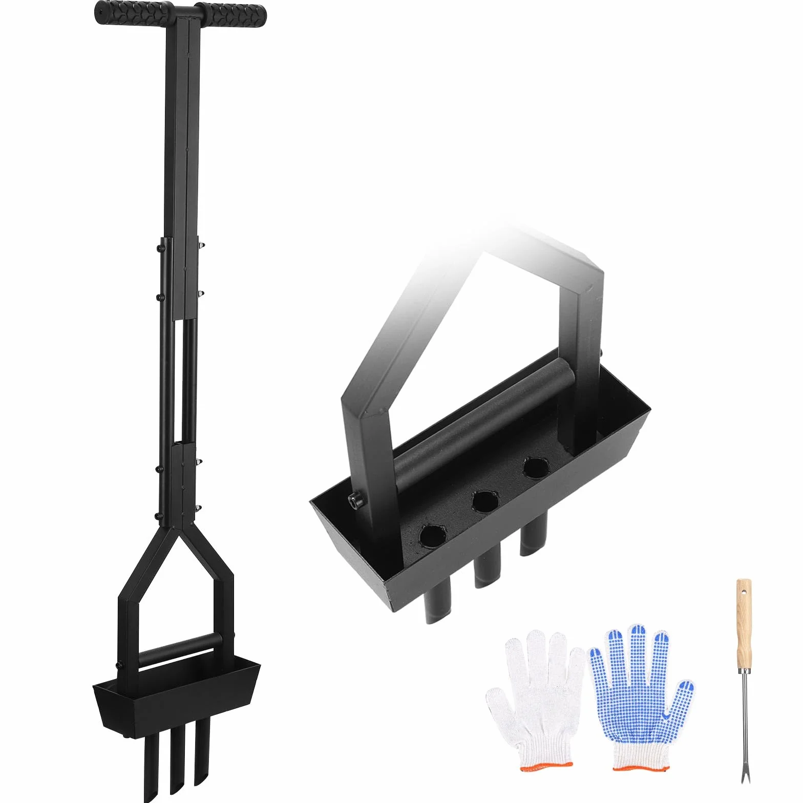 Aireador de césped, aerificador para césped con bandeja de recolección, herramienta de limpieza y guante, aireador de césped manual de 95 cm con mango en T, escarificador de césped manual