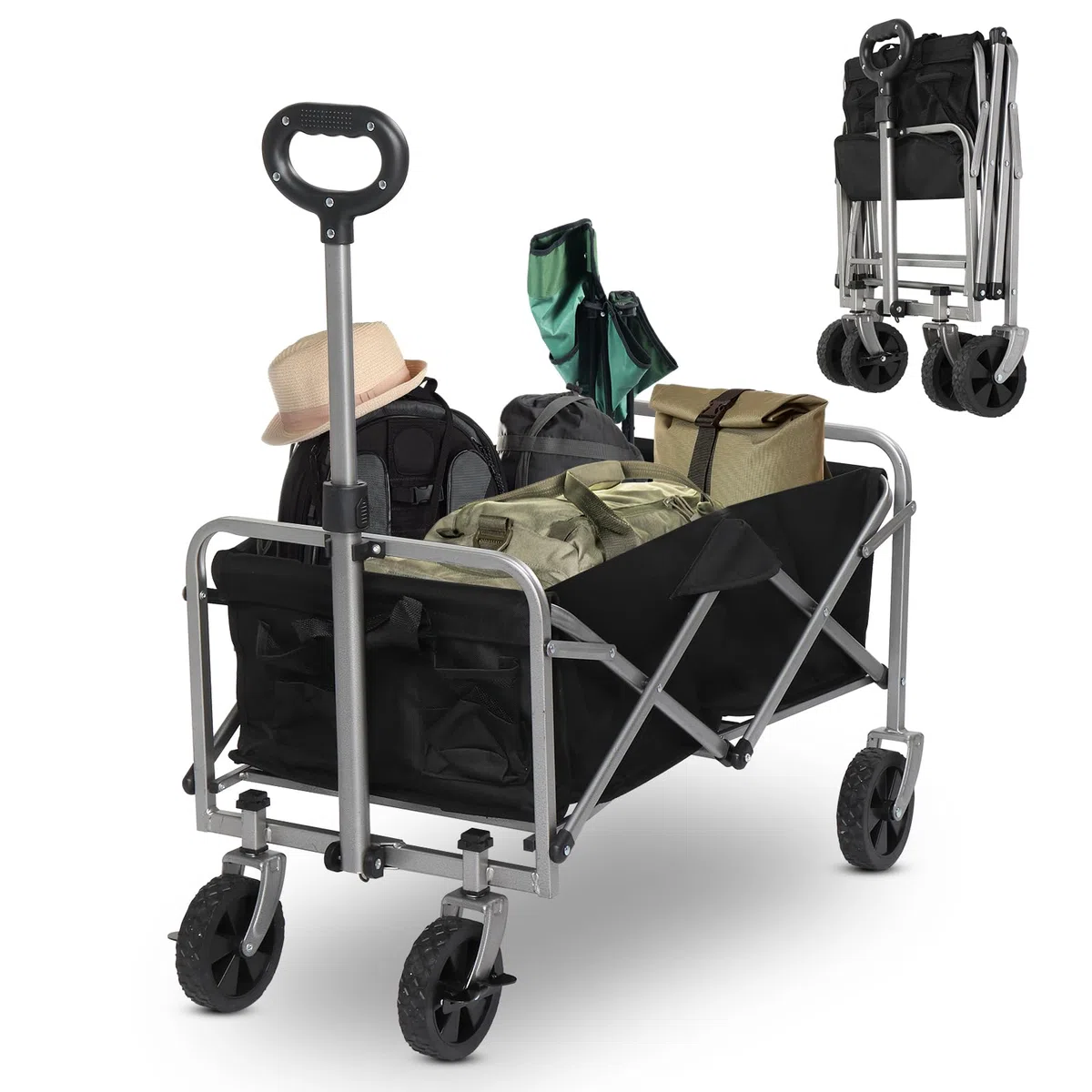 LEADZM Carro Playa | Carro Plegable con Ruedas, Carrito Multiusos Ideal Playa, Compra, Jardín o Camping, Carga hasta 100kg, Pequeño y Compacto, fácil de Guardar, Negro