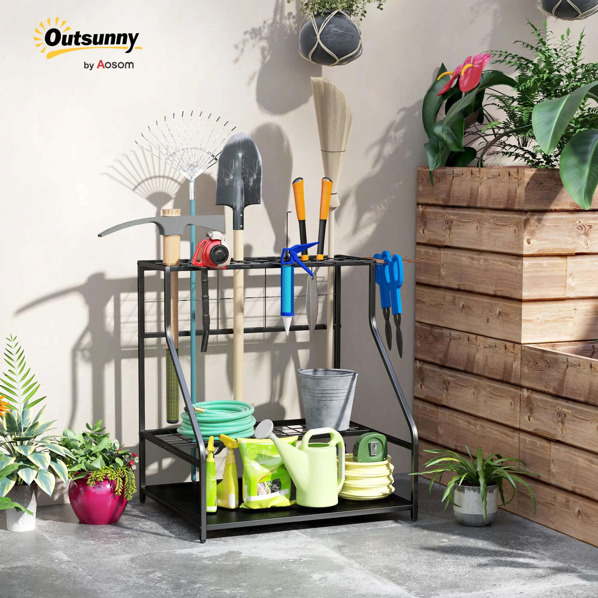 Outsunny Organizador de Herramientas de Jardín, Estantería de Almacenamiento de 3 Niveles para Garaje con Ganchos, para Palas, Rastrillos, Escobas, Soporte de Metal
