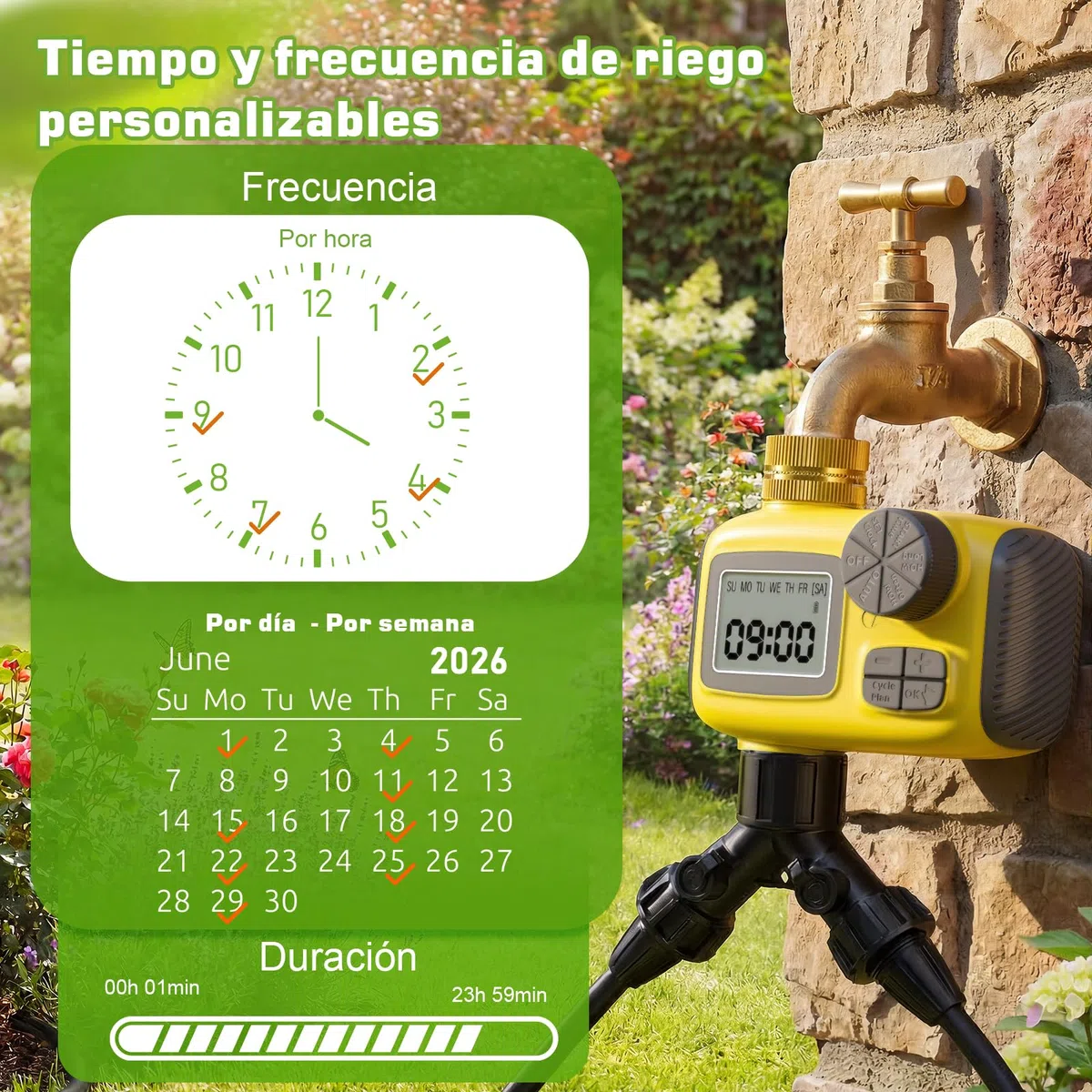 Kit Riego por Goteo con Programador Riego, 25M+25M Sistema de Riego por Goteo Accesorios Riego Goteo con Ajustable Boquilla Aspersor Pulverizador y Gotero Riego Automático para Jardín