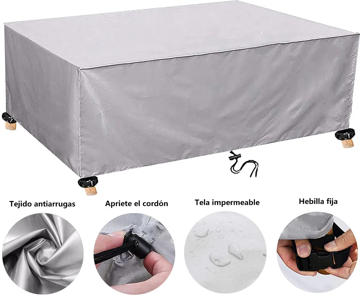 Funda Mesa Jardin Impermeable Varios tamaños 420D Oxford Rectangular Cubre Mueble Jardin Funda Impermeable Anti-UV Resitente al Polvo para Muebles de Exterior sillas mesas Plata 220x90x80cm