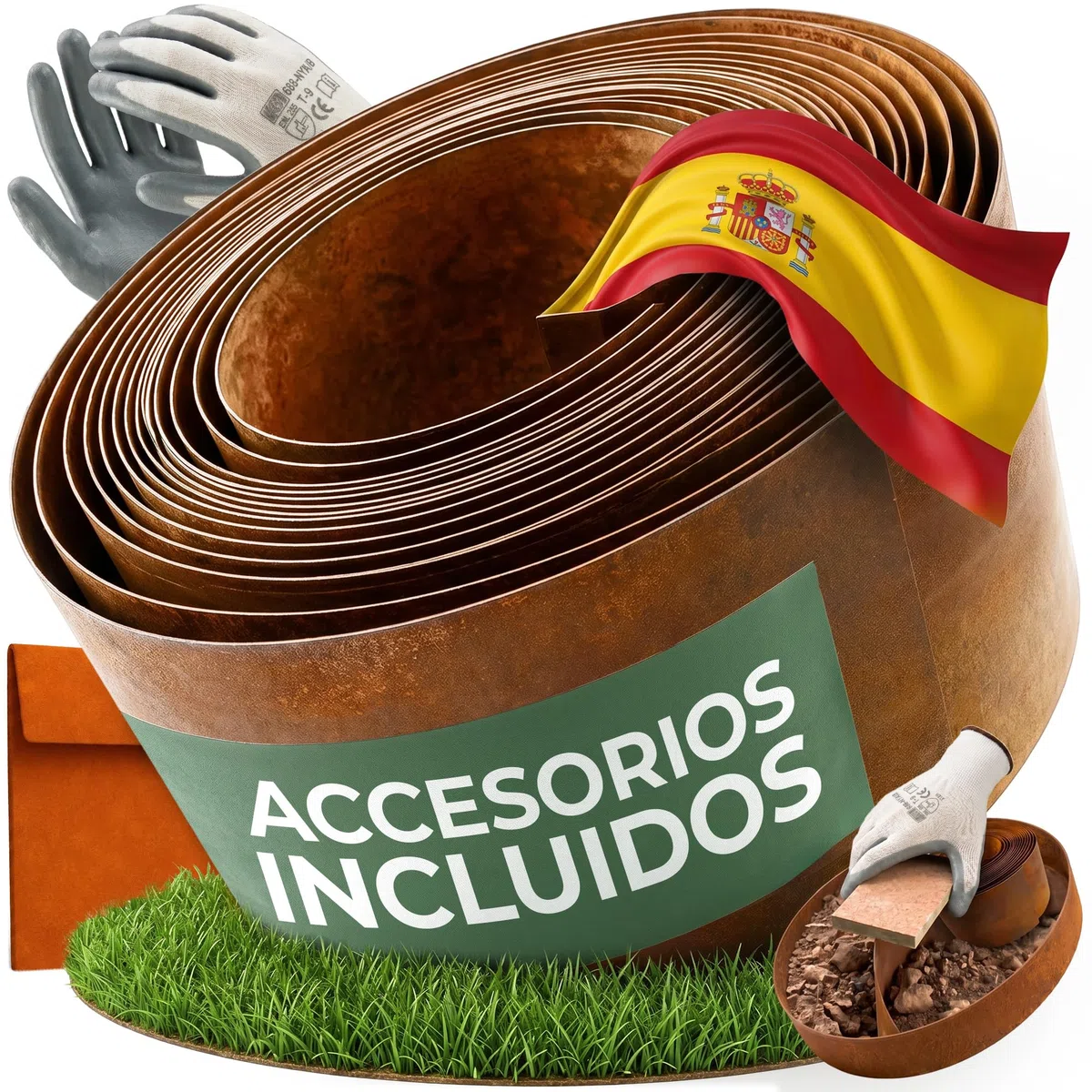 Bordura Acero Corten 10 Metros | Borde Jardin Exterior 14cm Alto | Diseño Flexible & Fácil de Instalar | Incluye Guantes, Taco de Madera, Conectores y eBook con Instrucciones