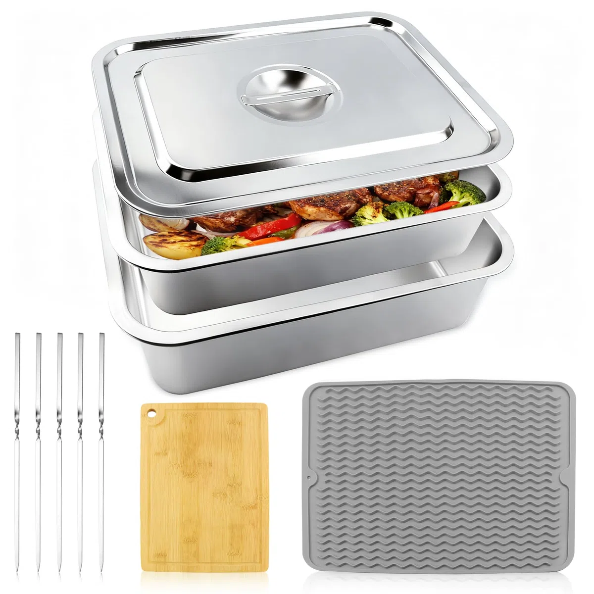 Kalolary Juego de bandejas para preparar barbacoas y servir, bandejas de preparación de barbacoa, bandejas de acero inoxidable, bandeja para marinar, bandeja para servir alimentos, bandeja de