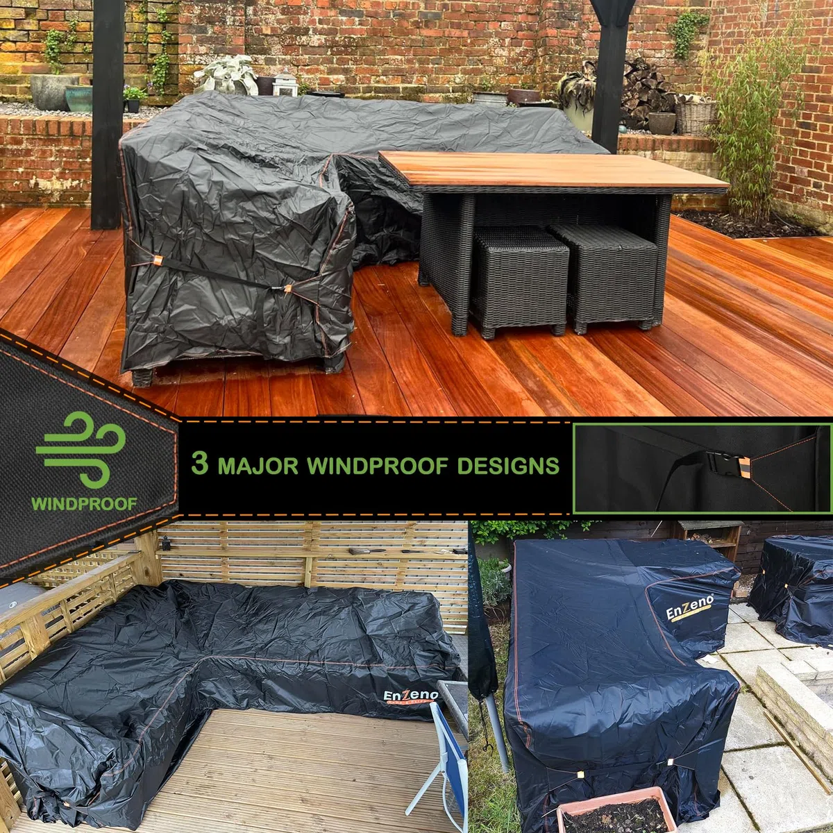 Enzeno Funda para muebles de jardín en forma de L impermeable, tela Oxford 420D resistente al agua, funda de sofá de ratán para exteriores con cinta impermeable (140 x 210 x 75 cm)