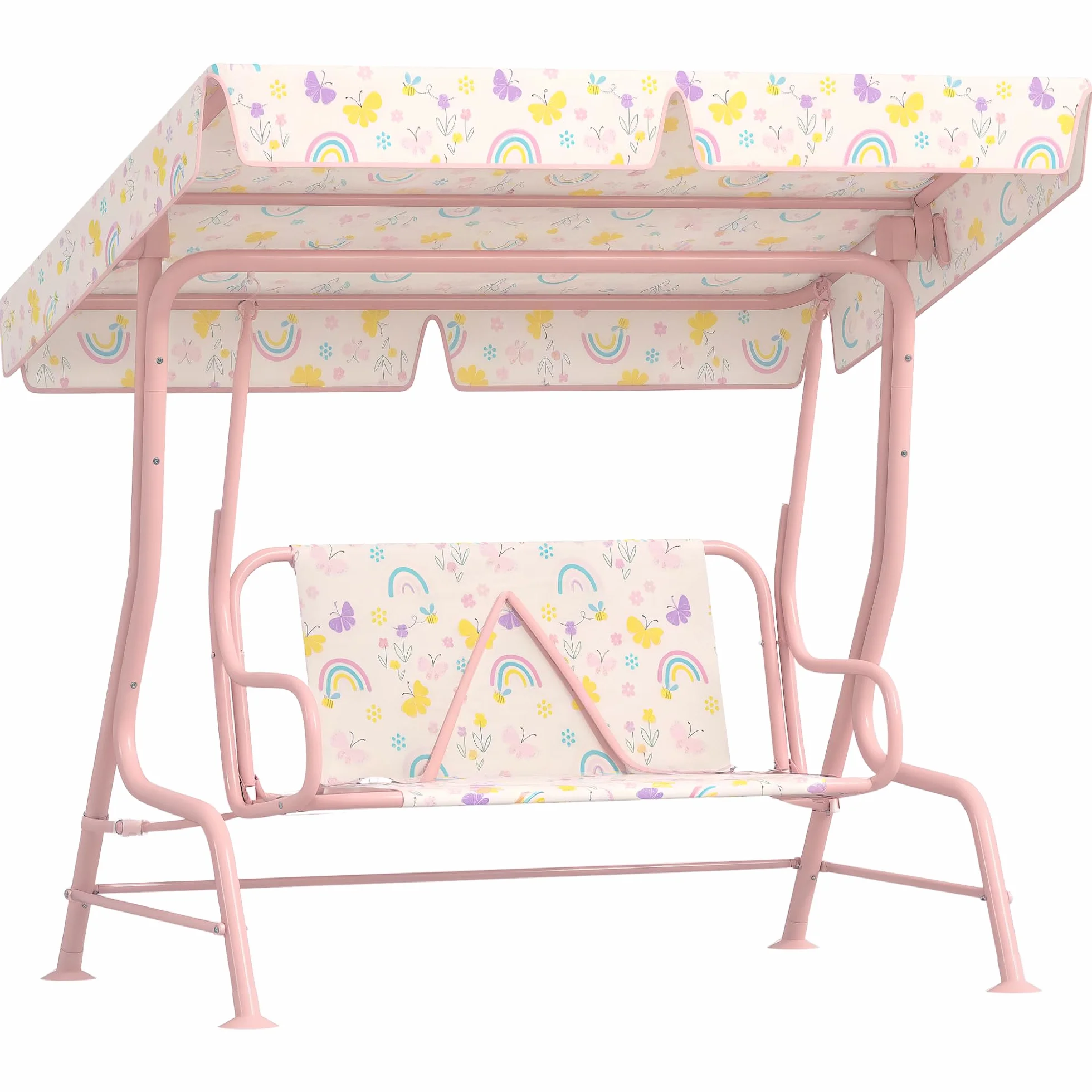AIYAPLAY Columpio de Jardín Exterior para Niños de +3 Años Toldo Ajustable Balancín de Jardín Exterior de 2 Plazas con Arnés de Seguridad y Estampados Bonitos 112x75x120 cm Rosa