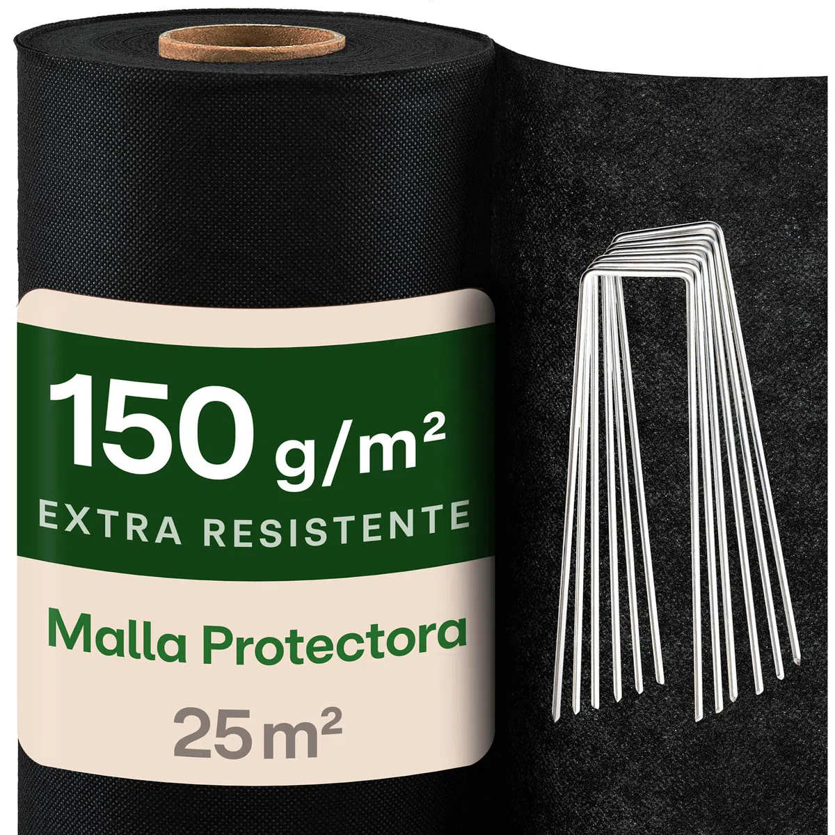Praknu Malla Antihierbas Geotextil 150g/m² con 12 Anclajes – Extra Resistente & Antidesgarros – 25m² Malla para Mulching & Control de Maleza – Ideal para Caminos, Grava & Jardines de Piedra