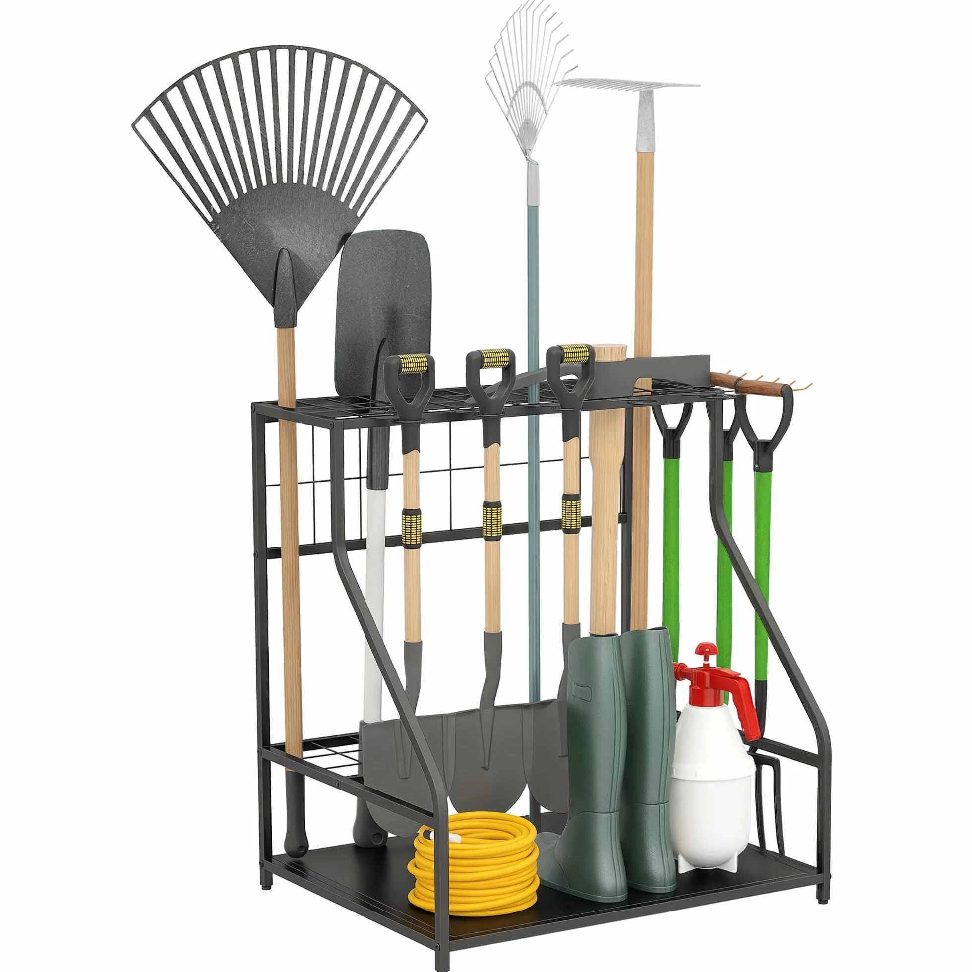 Outsunny Organizador de Herramientas de Jardín, Estantería de Almacenamiento de 3 Niveles para Garaje con Ganchos, para Palas, Rastrillos, Escobas, Soporte de Metal