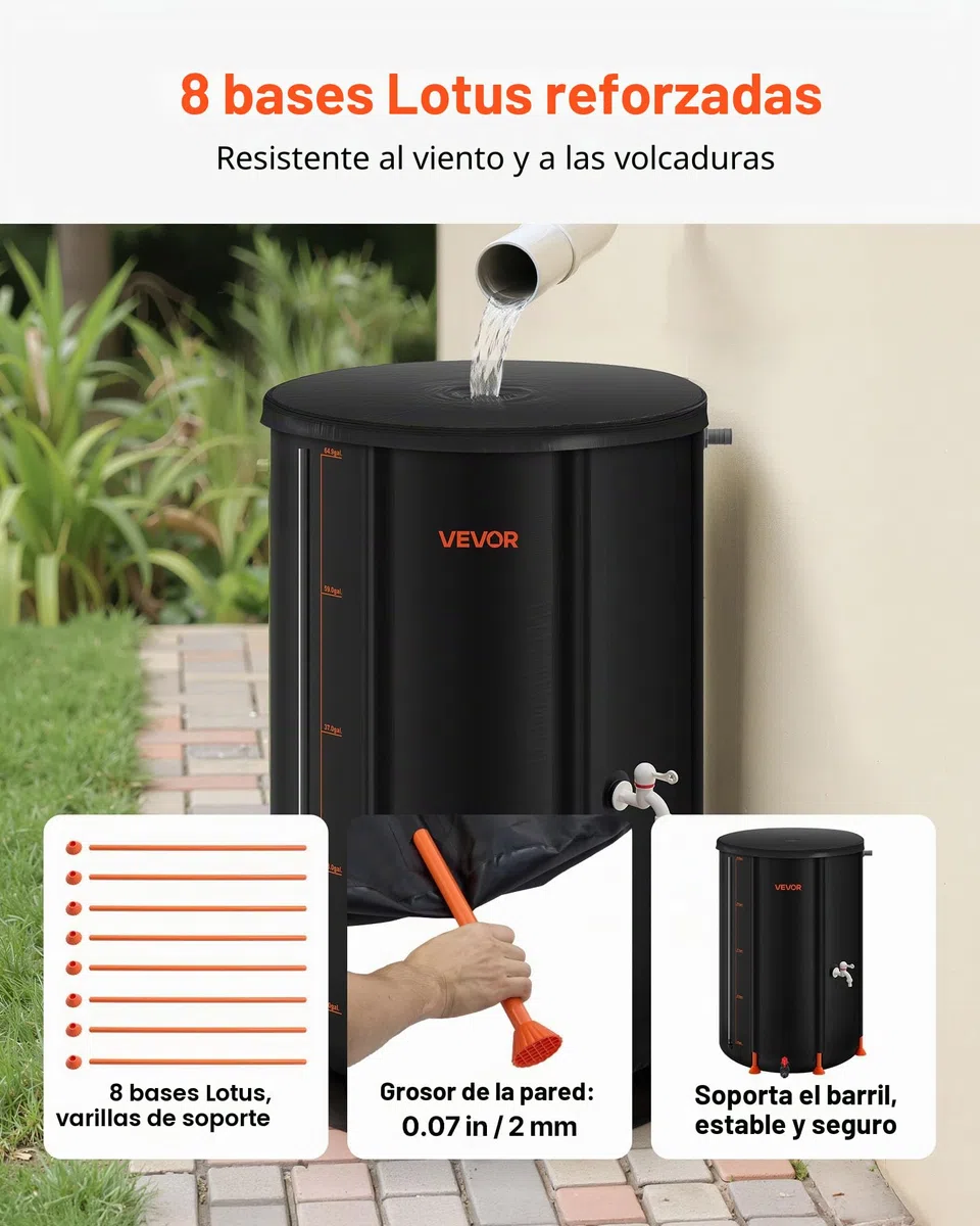 VEVOR Barril de Lluvia Plegable, Barril Portátil de 250 L de PVC 500D para Recolección de Agua de Lluvia, Contenedor de Almacenamiento de Agua para Jardín con Grifo y Kit de Desbordamiento, Negro