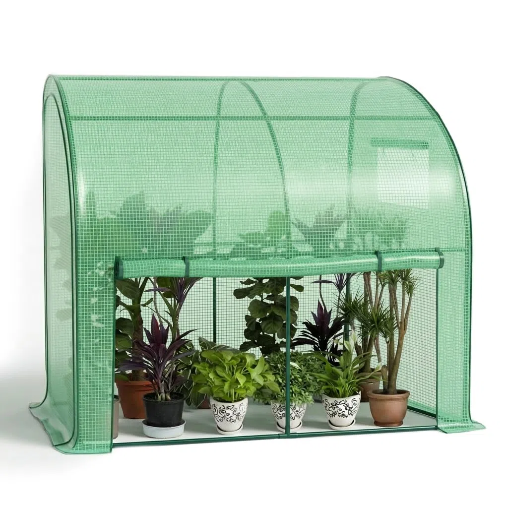 VOUNOT® Invernadero Jardín Inclinado Invernadero de Pared Respaldado, Invernadero Túnel Semicircular Plantas Verduras Flores, Cubierta PE Impermeable 135g/m² para Balcón y Terraza 200x100x180cm Verde