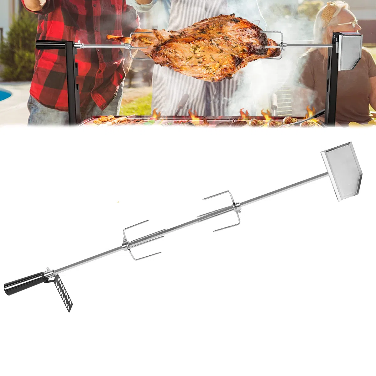 LZQ Juego de brochetas para barbacoa con motor de 107 cm, pincho giratorio de acero inoxidable 304, 220 V - 240 V, incluye 2 brochetas para carne