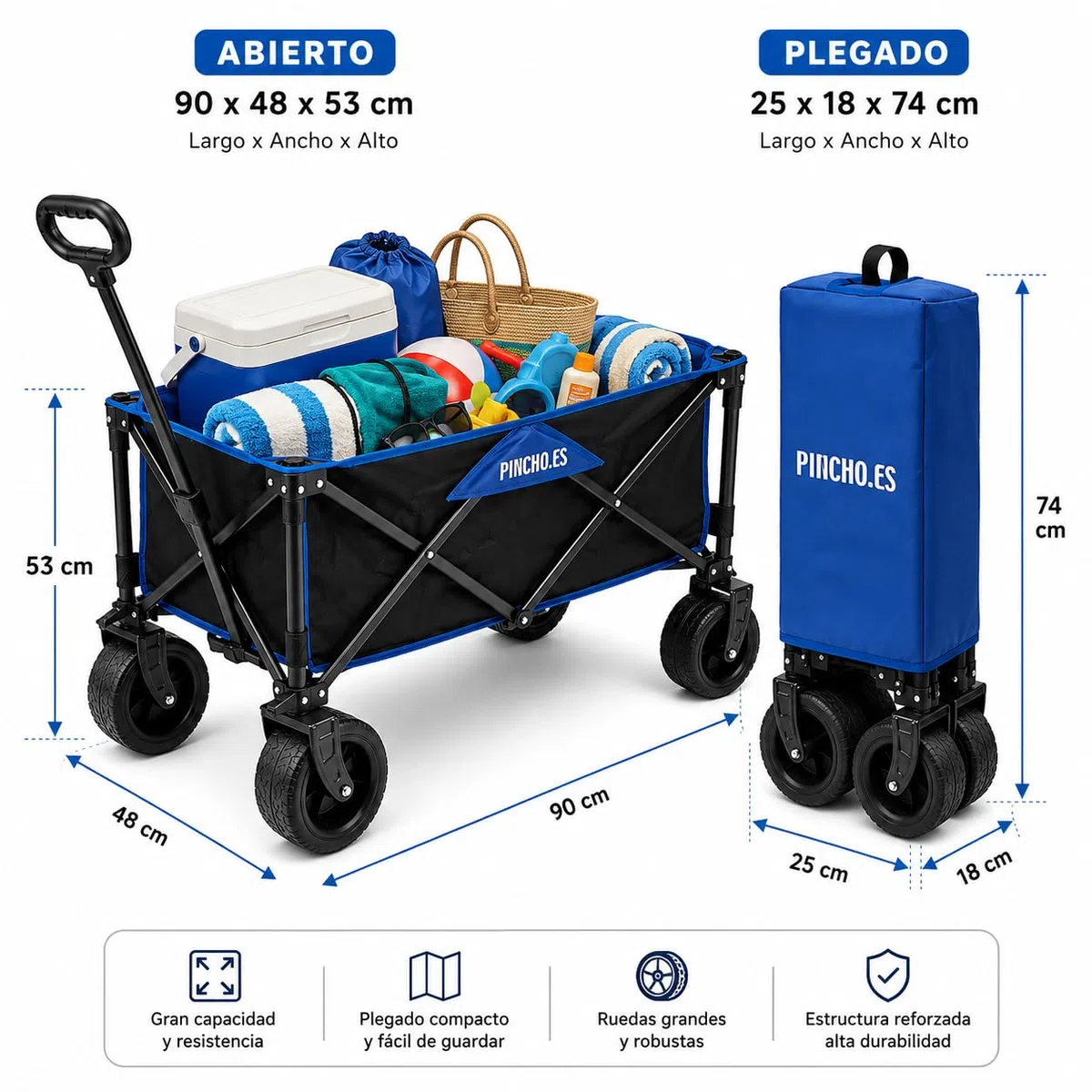 Carro Playa Plegable - PINCHO - Carrito De Playa Plegable, Carro Transporte Plegable con Asa Telescópica, Carretilla Plegable con Ruedas y Frenos - 4 Ruedas, Carga 55 kg, Plegado Compacto, Bolsillo