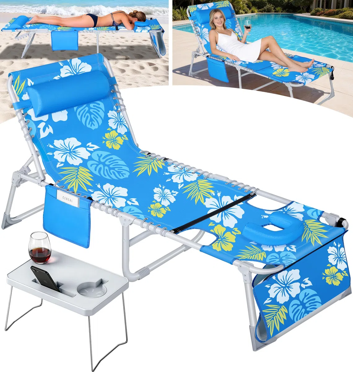 KingSom Tumbona Plegable con Agujero para la Cara, Tumbona Jardín Exterior con Mesa Plegable, Capacidad de 160kg,Tumbona Playa Reclinable de 6 Posiciones con Reposacabezas&Bolsillo,para Jardín,Piscina