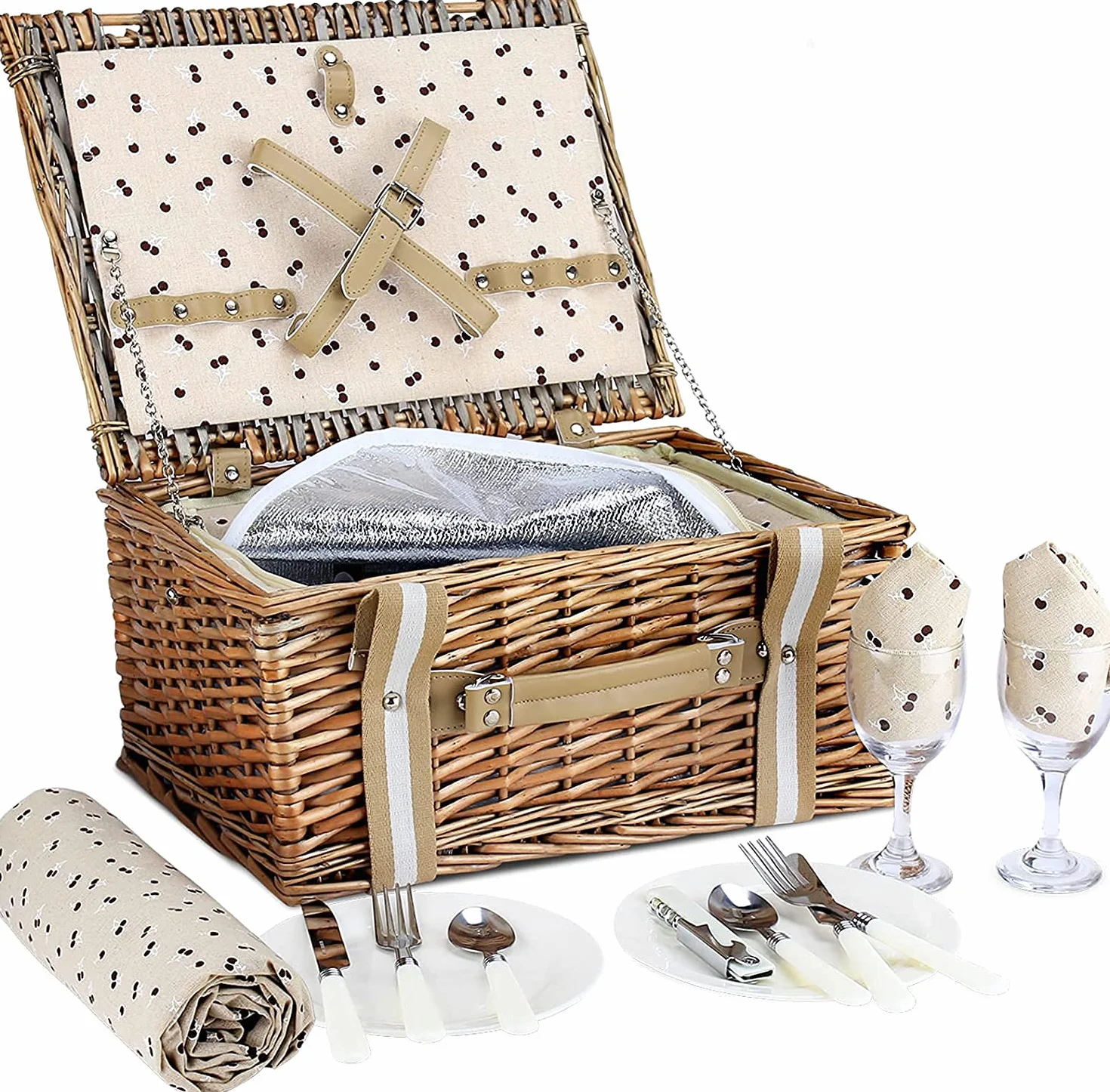G Good Gain Juego de Cesta de Picnic para 2 Personas con Gran Bolsa Aislante Manta de Picnic Impermeable, Cesta de Mimbre para Camping, Al Aire Libre,San Valentín, Navidad,Agradecimiento,Cumpleaños