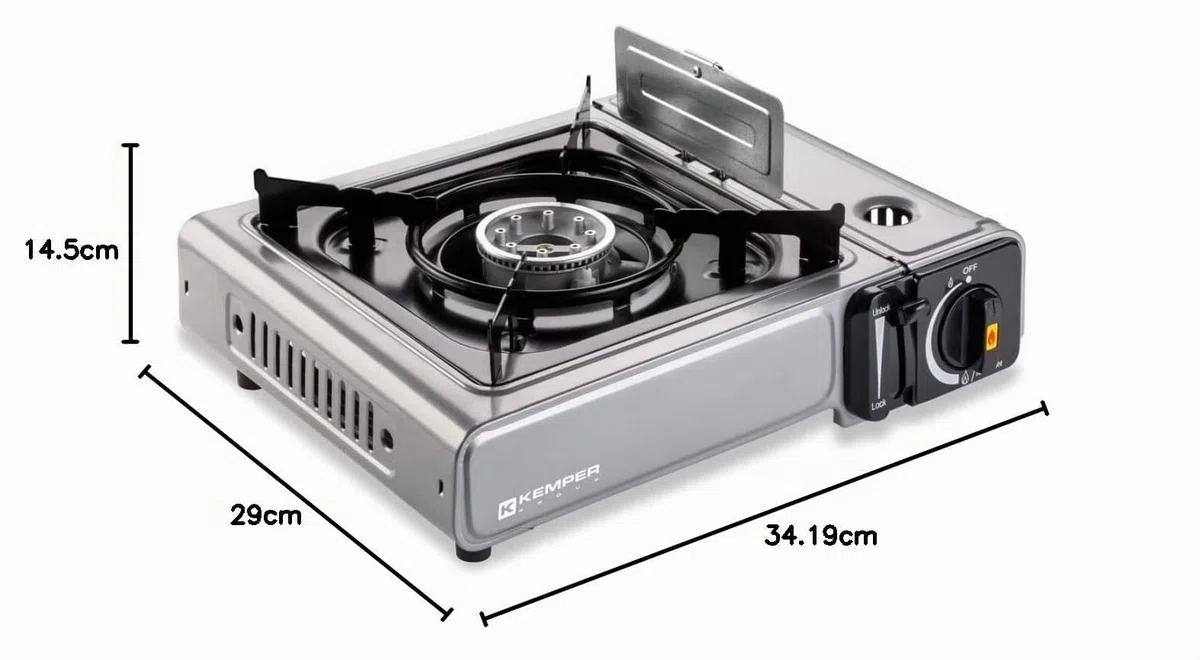 KEMPER - Hornillo de gas Nomade INOX 2200 W + 4 cartuchos de gas encendido piezo seguridad inserto gas