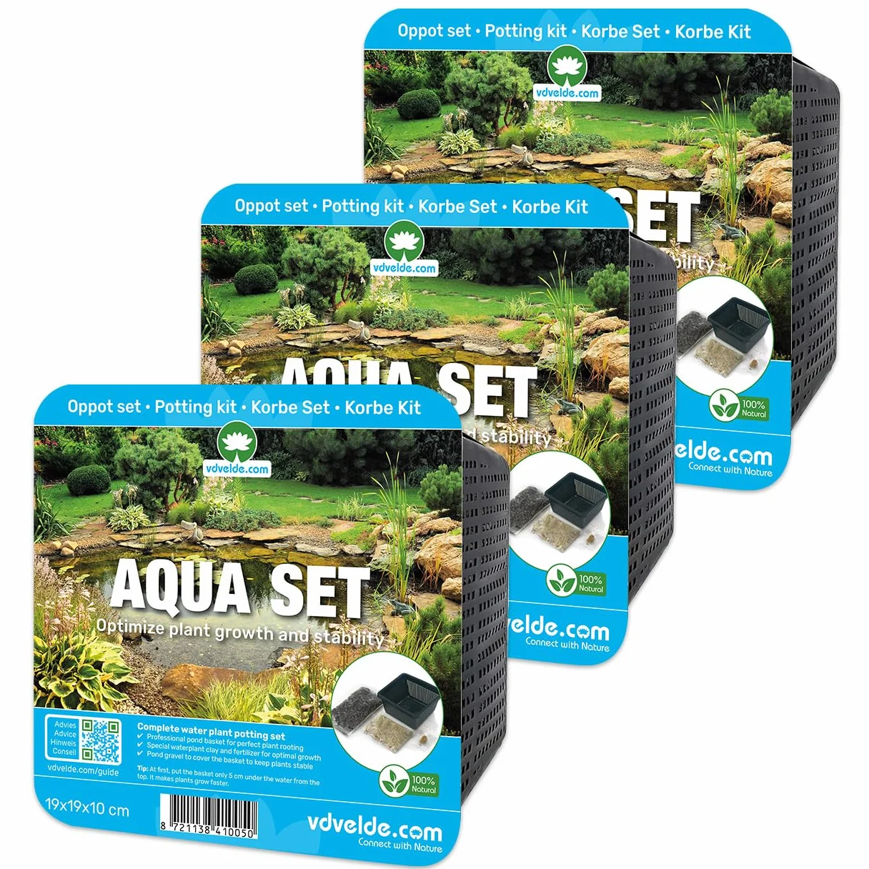 vdvelde․com - Aqua Set Kit de Plantación para Estanque, Pack de 3, sin Plantas, con Cesta, Sustrato, Tierra de Estanque, Abono y Grava, Accesorios 19x19x10 cm