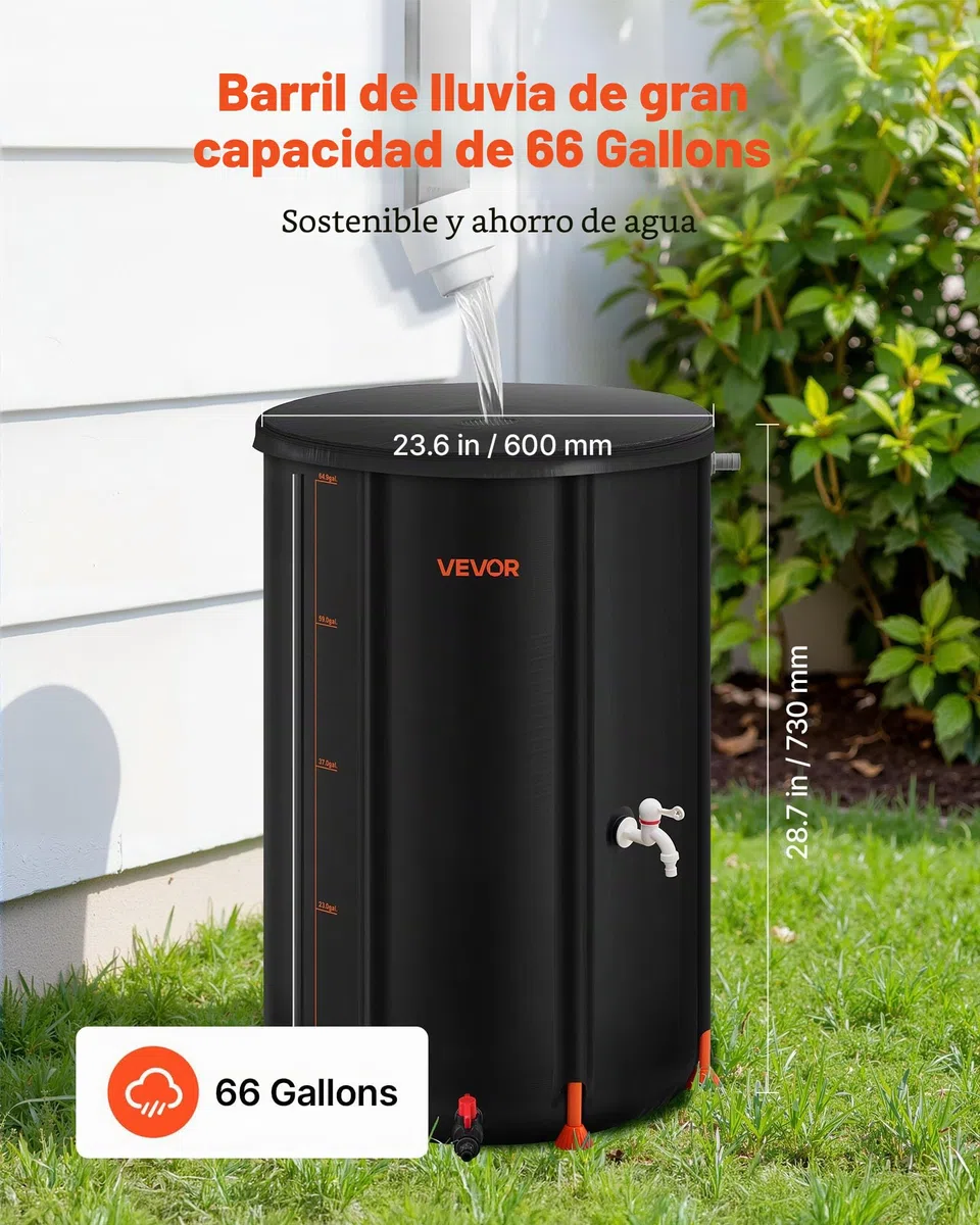 VEVOR Barril de Lluvia Plegable, Barril Portátil de 250 L de PVC 500D para Recolección de Agua de Lluvia, Contenedor de Almacenamiento de Agua para Jardín con Grifo y Kit de Desbordamiento, Negro