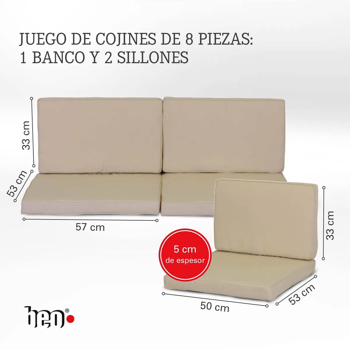 Gartenstuhl-Kissen Monaco Lounge - Almohadas Intercambiables, Repelente al Agua, Color Beige Claro, 5cm Grosor, Juego de 8