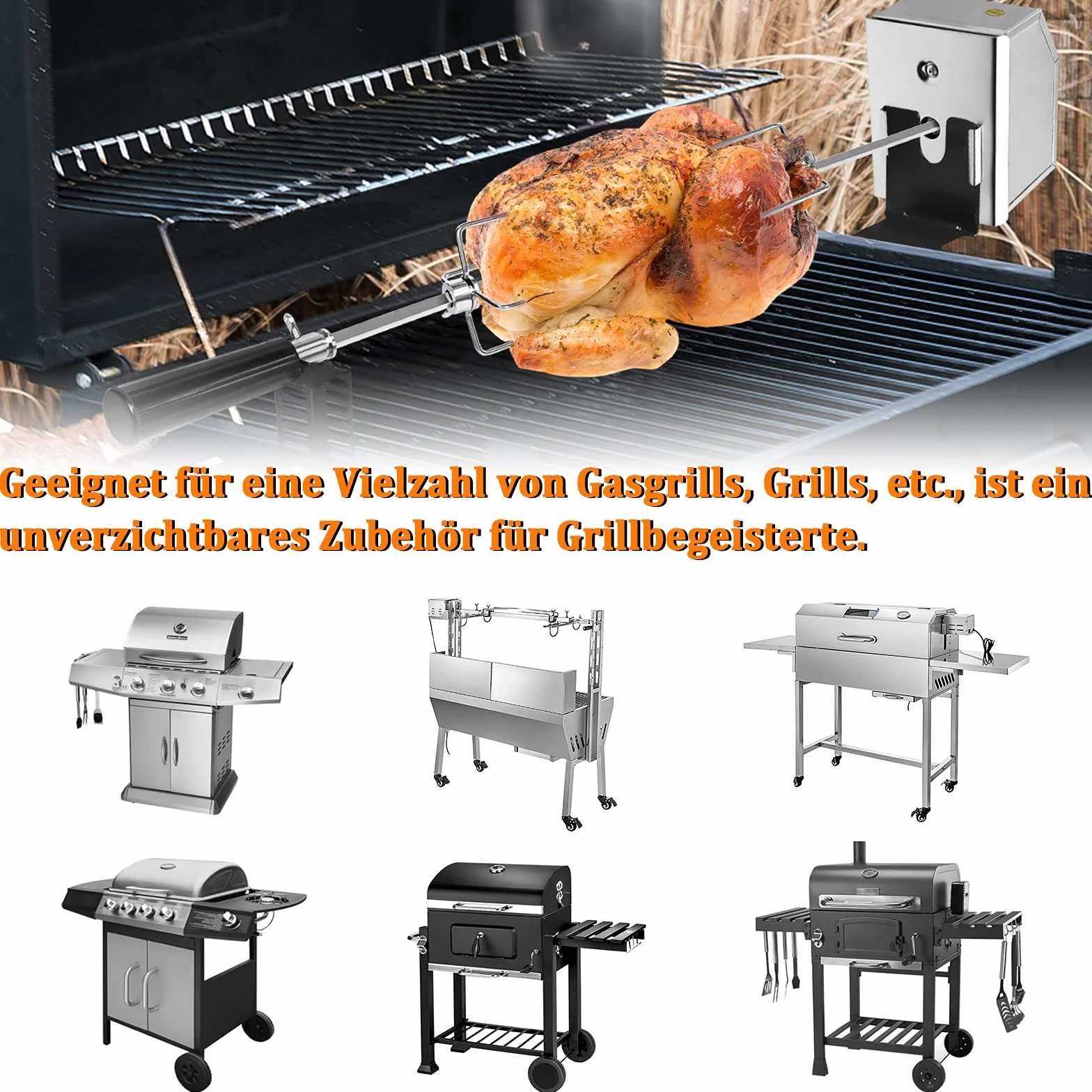 LZQ Juego de brochetas para barbacoa con motor de 107 cm, pincho giratorio de acero inoxidable 304, 220 V - 240 V, incluye 2 brochetas para carne