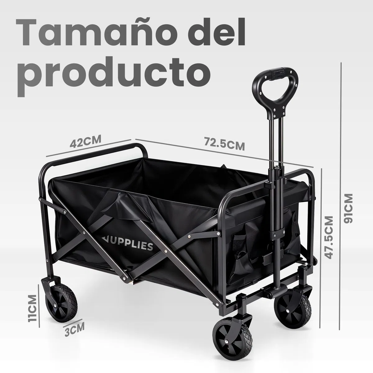 JUPPLIES Carro Plegable con Ruedas Grandes – Carro Playa, Jardín y Supermercado | Carrito Transporte Plegable Todoterreno, Asa Telescópica, Tela Resistente e Impermeable 75KG - S (72.5x42x47.5cm)