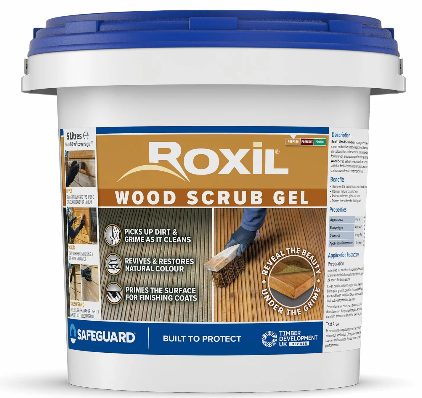 Roxil Exfoliante para Madera - 5 Litros - Limpiador a Base de Ácido Oxálico para Reavivar Muebles de Exterior y Terrazas Desgastadas, Restaurar el Color y a Veta de la Madera