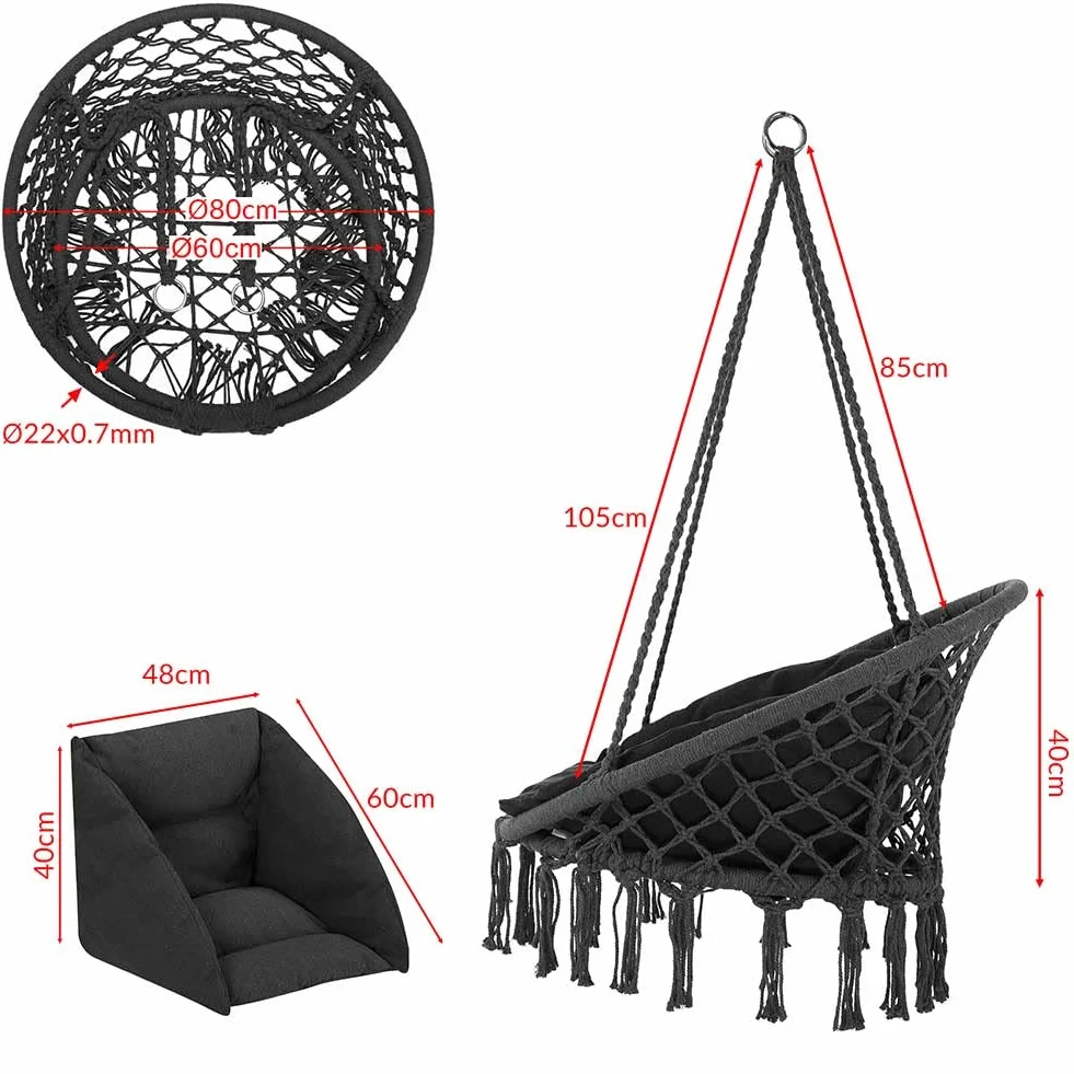 Bakaji Sillón Colgante de Exterior jardín de Cuerda de algodón, Silla Mecedora Colgante Hamaca terraza Camping con Estructura Circular de Acero Asiento Acolchado cojín diseño Moderno (Gris)