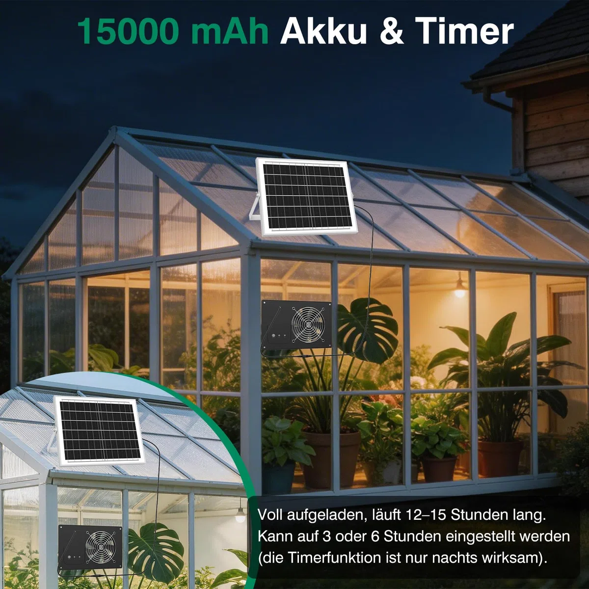 Ventilador solar con batería de 15000 mAh y temporizador, 25 W, 3500 rpm, ventilador solar de alta velocidad, ventilador silencioso e impermeable para gallinero, invernadero, cobertizo y casa