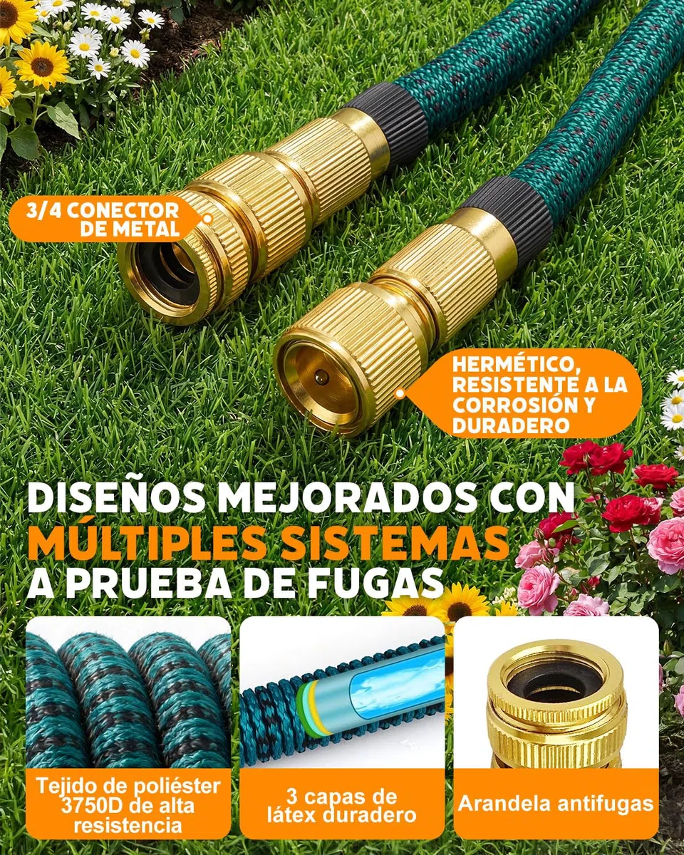 Manguera Jardin Extensible, Manguera Extensible 30 Metros con 10 Boquillas de Patrón de Pulverización Conector de Latón Tela 3750D Manguera, Adaptadores de 1/2" y 3/4" para Jardinería