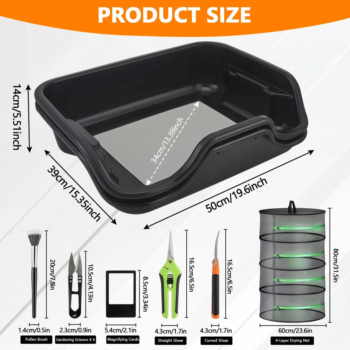 Trim Tray Bin Trimming Tray Set Trimming Tray Set con 150 micras Filtro de polen, bandeja ergonómica con 2 tijeras, 4 tijeras de recorte, cepillos, lupa y 4 niveles de malla de secado para polen y