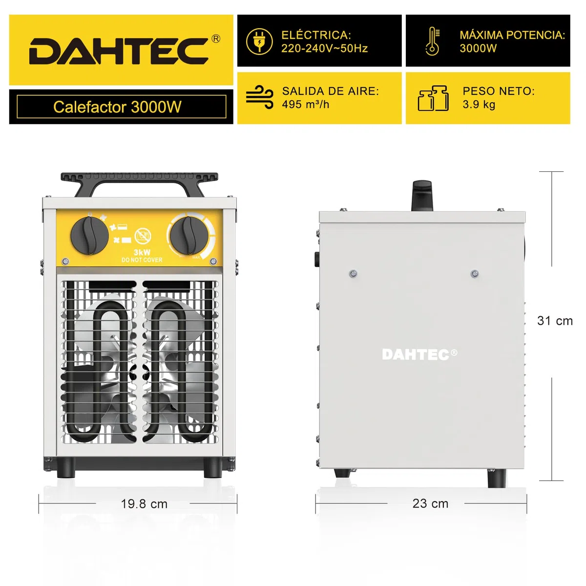 Calefactor Eléctrico 3000W Potenciado - Calentador Portátiles Industriales - Termostato y Protección contra Sobrecalentamiento - Apto para Construcción, Garaje e Invernadero