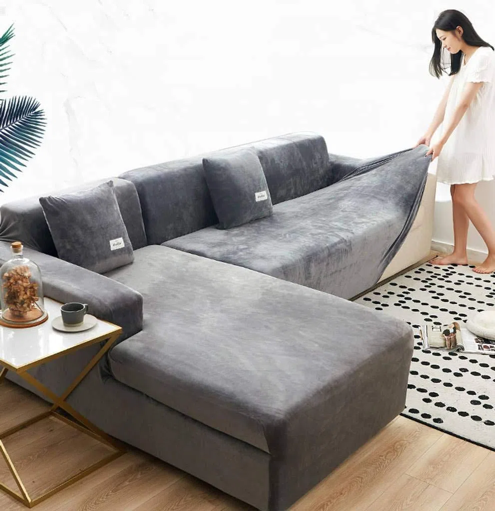 Fundas De Sofá Gruesas 1 2 3 Seater Terciopelo En Forma De L Funda para Sofá Funda De Tela Elástica Elástica De Ajuste Fácil Protector De Muebles para Sofá-3 plazas(190-230cm)-Gris