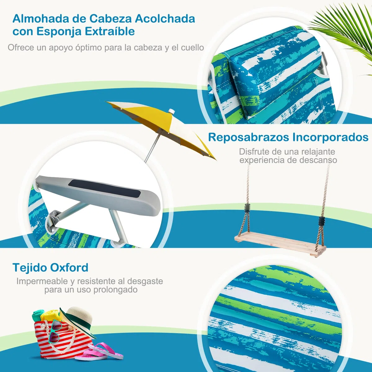 COSTWAY Silla Plegable de Playa, Tumbona con 5 Posiciones, Portavasos, Bolsillos de Almacenamiento, Correas de Hombro, Soporte para Toallas, Almohada, 150kg (Verde+Azul,1)